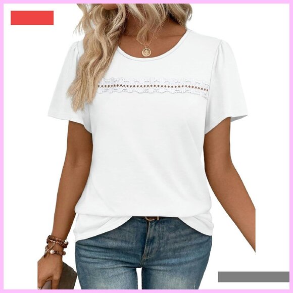 Tops - Boho Lace Short Sleeve Top Summer Casual Beach Vacation Shirt S-3XL